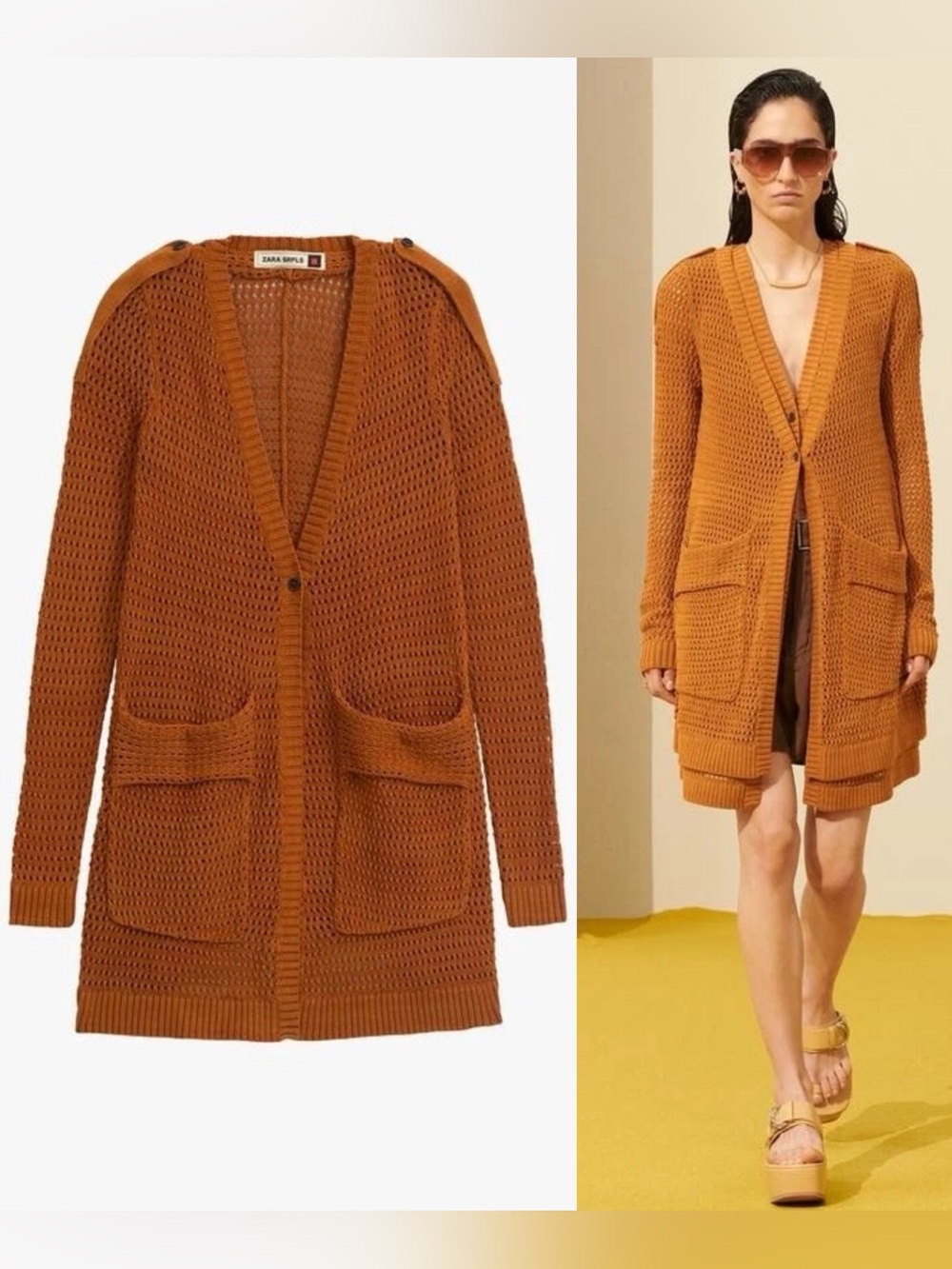 Zara SPRLS Open-Weave Long Knit V-Neck Cardigan w/Pockets Orange/Brown Sz M NWT